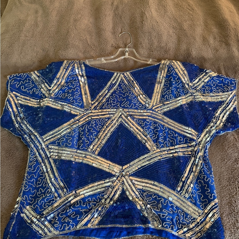 Vintage 1980s Blue Sequin Embellished Women's Top - Picture 7 of 7